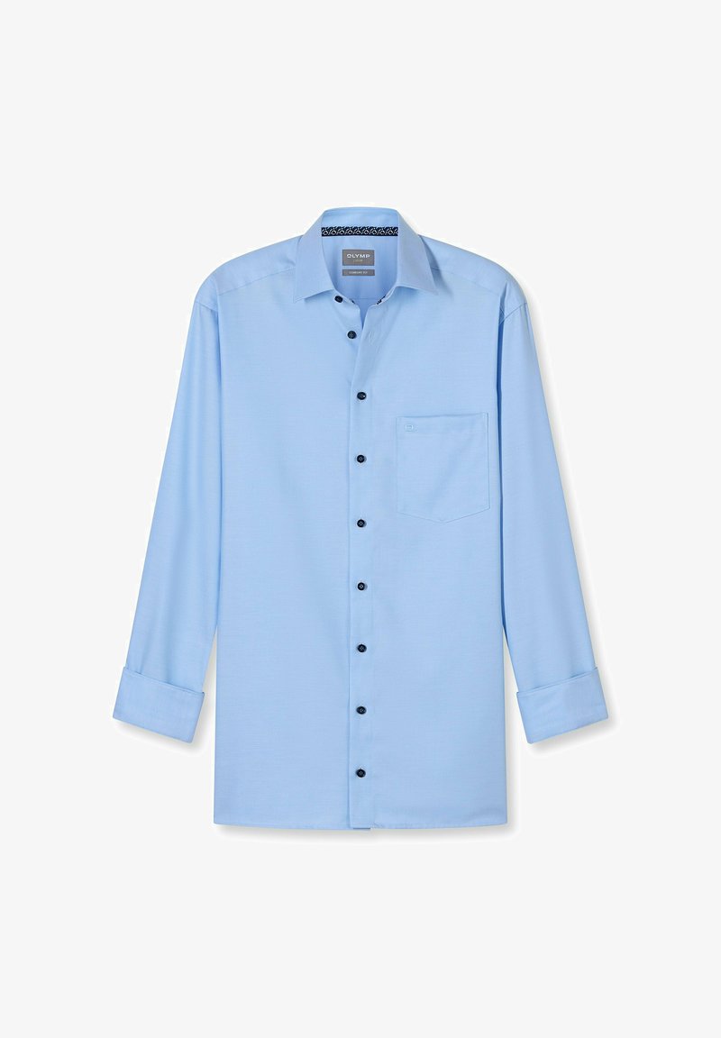 Chemise habillée pour homme à manches longues couleur bleu clair, avec un devant à boutons, une poche poitrine unique et des poignets repliés.