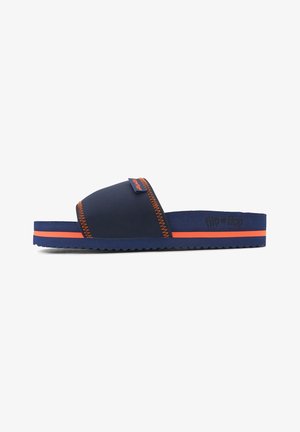 Navy blue slides with orange accents, textured sole, and stitched detailing. Brand logo displayed on the side. Simplistic, comfortable design.