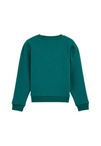Felpa verde scuro con maniche lunghe, polsini e scollatura a costine; realizzata in morbido tessuto misto cotone, design semplice senza fantasie.