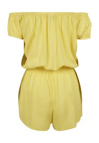 Kollane õlaltav rompert, millel on elastne kaelus ja talje. Pehme, kerge materjal, lahtine lõige ja lühikesed püksid.