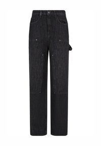 Pantaloni cargo in denim nero con una vestibilità ampia, dotati di grandi tasche frontali, chiusure a scatto e una finitura testurizzata.