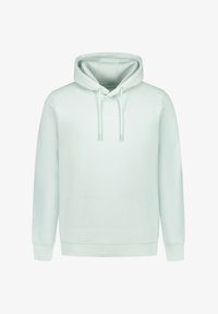 Sudadera con capucha verde menta hecha de una suave mezcla de algodón, con capucha ajustable con cordón, puños acanalados y un pequeño logo "PURE PATH" en el pecho.