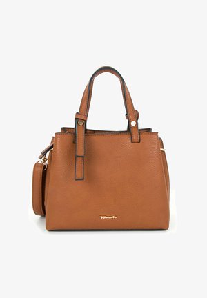 Braune Lederhandtasche mit texturiertem Finish, doppelten Oberhandgriffen, abnehmbarem Schulterriemen, goldfarbener Logoakzent und kontrastierenden schwarzen Akzenten.