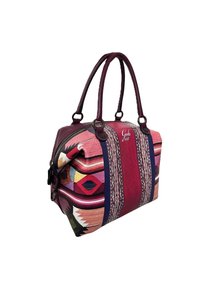 Borsa in tessuto con stoffa bordeaux e motivo a fantasia che presenta design geometrici, manici doppi e chiusura a zip. Dettagli in colori a contrasto.