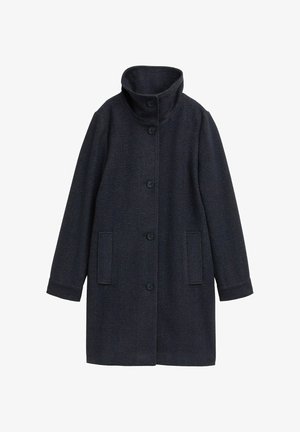 Marineblauer Wollmixmantel mit hochgeschlossenem Kragen, ausgestattet mit drei vorderen Knöpfen, zwei seitlichen Taschen und einer dezenten Fischgrätstruktur.