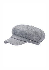 Grau gestrickte Mütze mit runder Oberseite, flachem Schirm und gestickten Details. Verfügt über ein kleines metallisches Akzent auf der Seite.