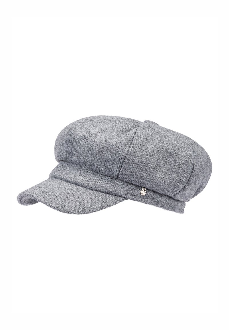 Grau gestrickte Mütze mit runder Oberseite, flachem Schirm und gestickten Details. Verfügt über ein kleines metallisches Akzent auf der Seite.