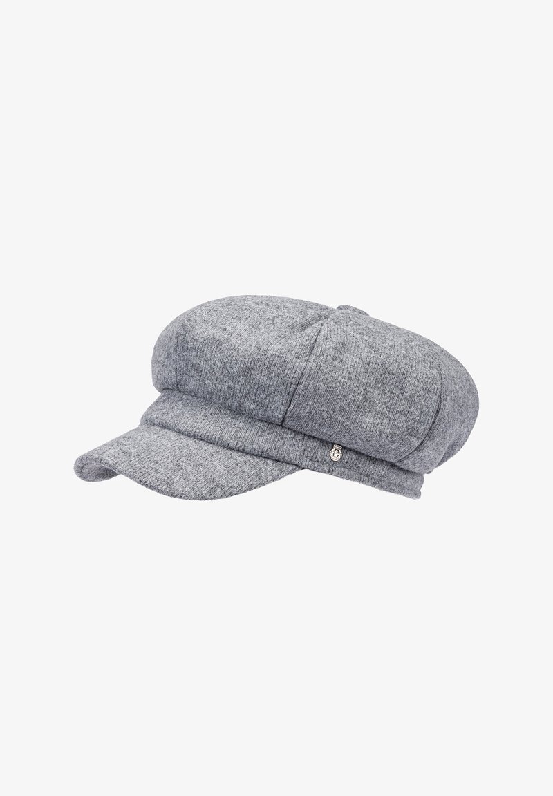 Grau gestrickte Mütze mit runder Oberseite, flachem Schirm und gestickten Details. Verfügt über ein kleines metallisches Akzent auf der Seite.