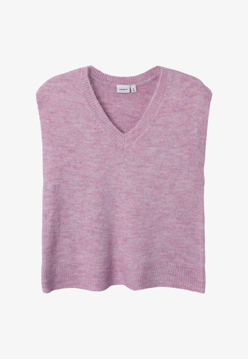 Světle růžový bezrukávový svetr s výstřihem do V, pletená textura a žebrovaný lem. Materiál vykazuje jemné odstínové variace.