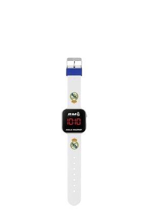 Digitale Armbanduhr mit weißem Armband, Real Madrid-Logos, blauer Schnalle, schwarzem Zifferblatt mit der Anzeige "RM" und der Uhrzeit "10:10" sowie dem Text "Hala Madrid."