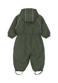 Vaikiškas žalias vandeniui atsparus kombinezonas su elastiniais rankogaliais, gobtuvu ir atspindinčiomis siūlėmis. Komplekte yra pėdų dirželiai, skirti papildomai apsaugai ir šilumai.