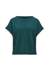 Blouse texturée vert foncé à manches courtes avec un col rond et des poignets pliés aux manches, taille 36 de la marque Opus.