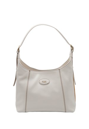 Borsa a tracolla in pelle color crema con una singola cinghia, dettagli in metallo color oro e logo "FILAUE" impresso sulla targhetta centrale frontale.