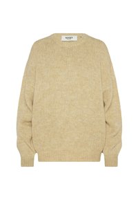 Hellbeige gestrickter Pullover mit Rundhalsausschnitt, lockerer Passform und gerippten Bündchen. Verfügt über einen kleinen dekorativen Knopf an der Schulter.