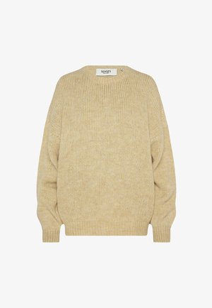 Hellbeige gestrickter Pullover mit Rundhalsausschnitt, lockerer Passform und gerippten Bündchen. Verfügt über einen kleinen dekorativen Knopf an der Schulter.