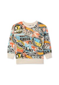 Felpa a maniche lunghe per bambini con colorati loghi Hot Wheels, fiamme, bandiere a scacchi e motivi testuali a tema corsa su polsini e orlo color crema.