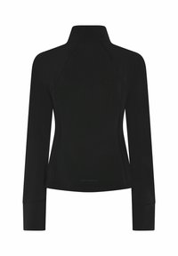 Top nero aderente a maniche lunghe con collo alto e sottili linee di cucitura, mostrato da dietro.