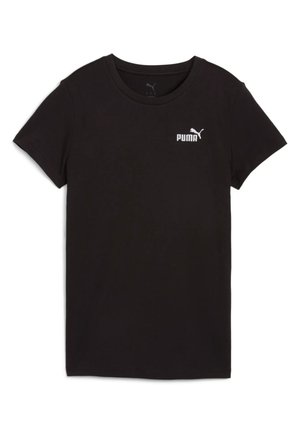Zwart katoenen t-shirt met een ronde halslijn, korte mouwen en een witte Puma-logo op de linkerkant van de borst. Gladde textuur, casual pasvorm.