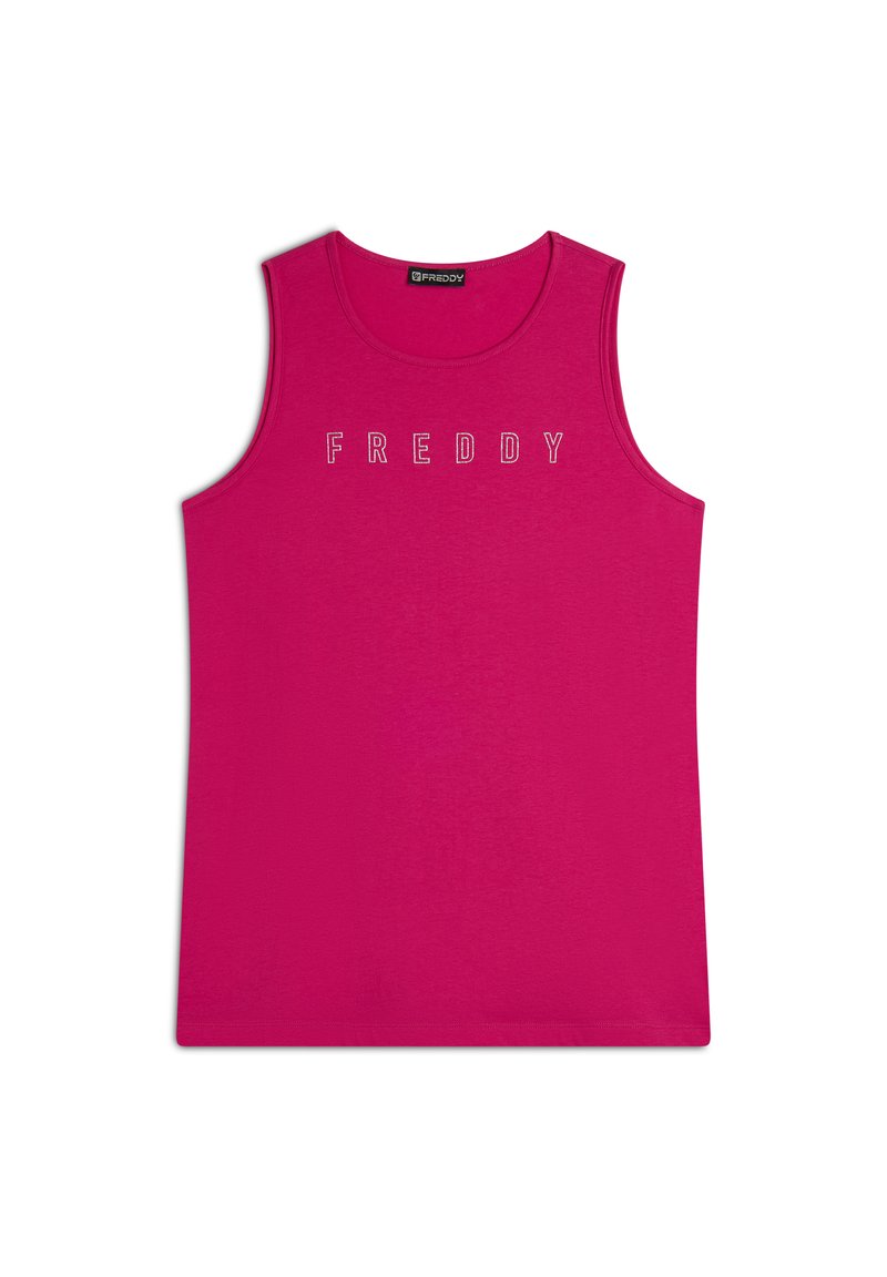 Top senza maniche fucsia realizzato in tessuto morbido, con la scritta "FREDDY" in lettere bianche sul petto. Collo rotondo.