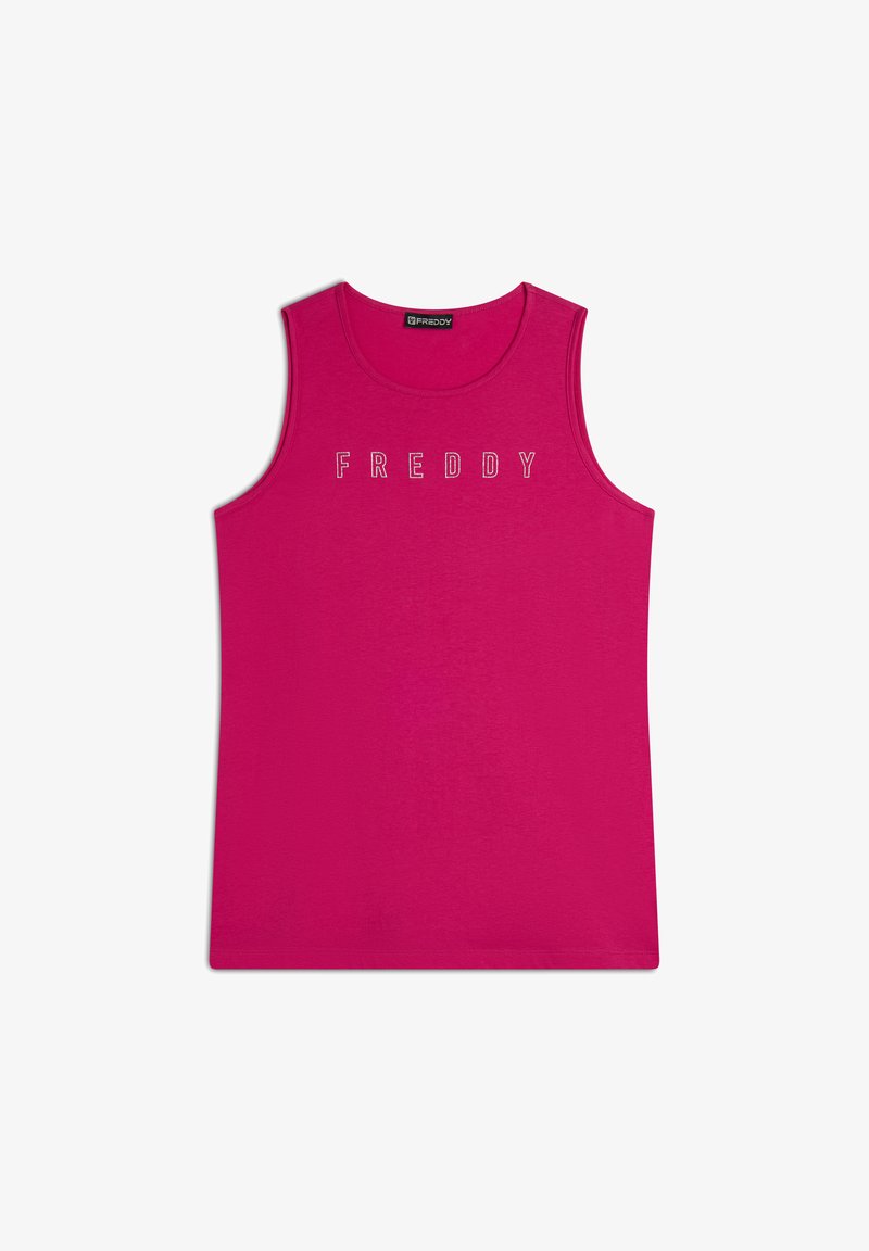 Top senza maniche fucsia realizzato in tessuto morbido, con la scritta "FREDDY" in lettere bianche sul petto. Collo rotondo.