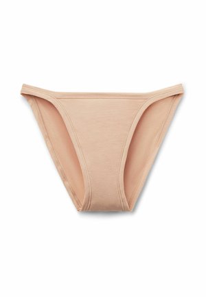 Beige cotton bikini briefs with a smooth texture, featuring narrow elasticized edges and minimal coverage. Simple and functional design.
