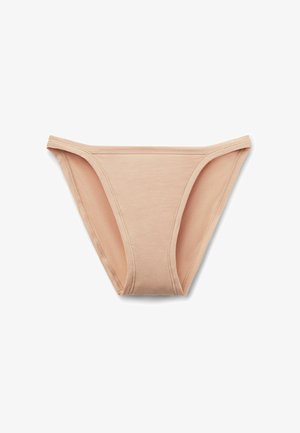 Culotte de bikini en coton beige avec une texture lisse, présentant des bords élastiques étroits et une couverture minimale. Design simple et fonctionnel.