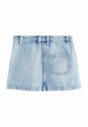 Heledad mini seelik helesinises värvitoonis, otse kujuga. Omab tagumist taskut, viit vöölati ja topeltõmblusega äärt.