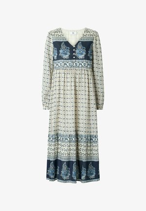 Langärmliges, V-Ausschnitt-Kleid in Creme mit blauen Blumenmustern, mit Knöpfen vorne und einem fließenden, gestuften Rock.