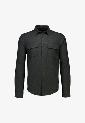 Dark green flannel shirt with long sleeves, button front, two chest pockets, and a collared neckline. Soft texture, regular fit.
