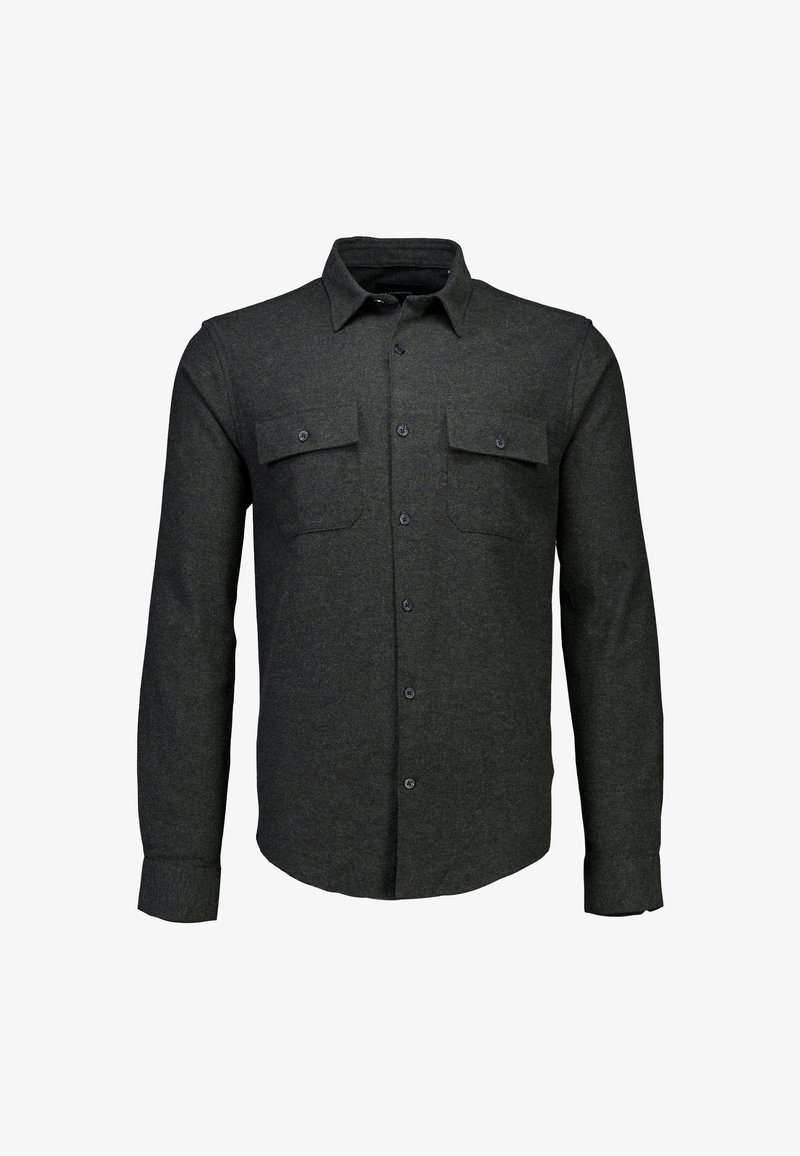 Donkergroene flanellen overhemd met lange mouwen, knoopsluiting aan de voorkant, twee borstzakken en een kraag. Zachte textuur, normale pasvorm.