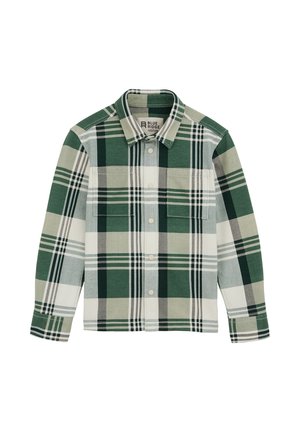 Groene en crèmekleurige geruite shirt met knoopsluiting aan de voorkant, kraag en twee borstzakken met bijpassende klep. Zachte stof met een geborstelde textuur.