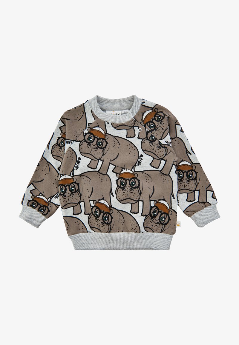 Gray sweatshirt featuring a repeated print of cartoon hippos wearing glasses and hats. Ribbed cuffs and neckline, soft texture.