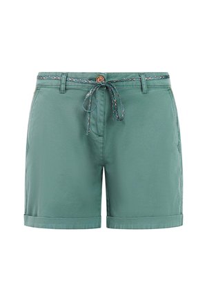 Green mid-length shorts with folded hems, front button, zip, and a patterned drawstring belt threaded through belt loops.