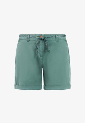Green mid-length shorts with folded hems, front button, zip, and a patterned drawstring belt threaded through belt loops.