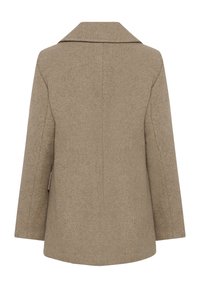 Cappotto in misto lana beige con collo a punta, taglio dritto e due tasche laterali. Tessuto testurizzato con una finitura liscia.