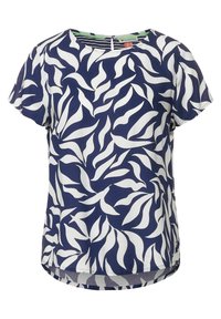 Mörkblå blus med kort ärm som har ett vitt bladmönster, rund halsringning och en böjd nederkant med en lätt sid slits. Tillverkad av lättviktsmaterial.