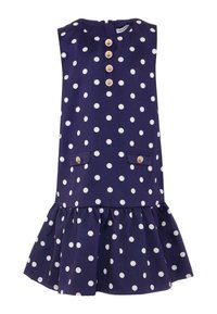 Granatowa sukienka w biały groszek, bez rękawów, z zapięciem na guziki z przodu, dwoma kieszeniami z przodu i falbaną na dole.