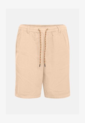 Pantaloni corti in corduroy beige con vita elastica, chiusura con coulisse e dettagli intrecciati multicolori, con tasche laterali.