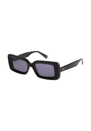 Schwarze, rechteckige Sonnenbrille mit dicken Rahmen und dunkel getönten Gläsern, mit der "Roxy"-Marke am Bügel.