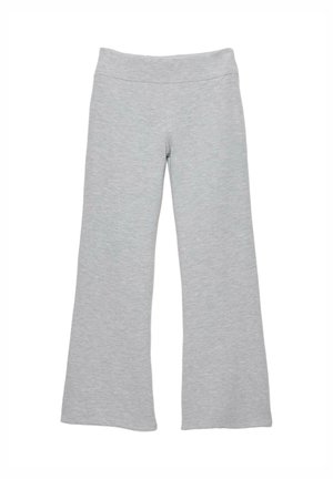 Pantalon large gris clair avec taille élastique, fabriqué en tissu doux et extensible, présenté à plat sur fond blanc.