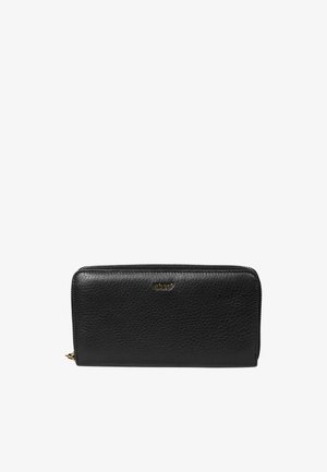 Black leather wallet with a textured surface, featuring a zip closure and a subtle gold logo on the front. Compact rectangular shape.