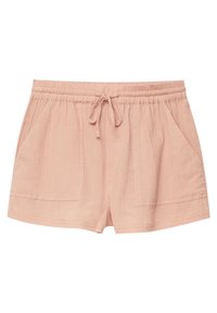 Shorts leggeri di colore rosa chiaro, con vita elastica e cordino, dotati di due tasche laterali e un tessuto testurizzato.