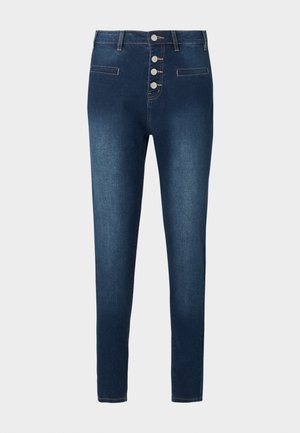 Granatowe dżinsy o wysokim stanie, zapinane na pięć guzików, z dwoma przednimi kieszeniami. Gładka struktura z kontrastującymi detalami szwów.