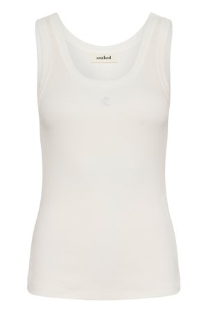 Camiseta sin mangas blanca acanalada con escote redondo y pequeño logo bordado debajo del escote.