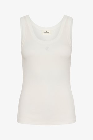 Camiseta sin mangas blanca acanalada con escote redondo y pequeño logo bordado debajo del escote.