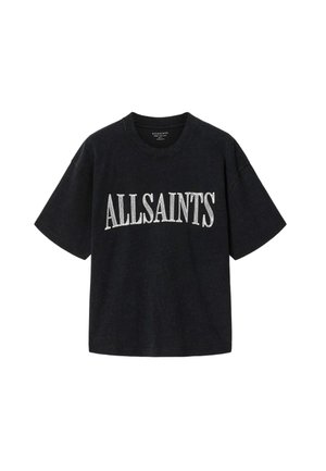 T-shirt noir à manches courtes avec le texte "ALLSAINTS" en blanc en grandes lettres capitales sur la poitrine.
