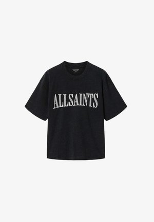 T-shirt noir à manches courtes avec le texte "ALLSAINTS" en blanc en grandes lettres capitales sur la poitrine.