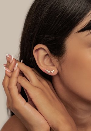 Silver earrings featuring a floral design with multiple small gems, paired with a hand resting on the ear; subtle shine and elegant details.