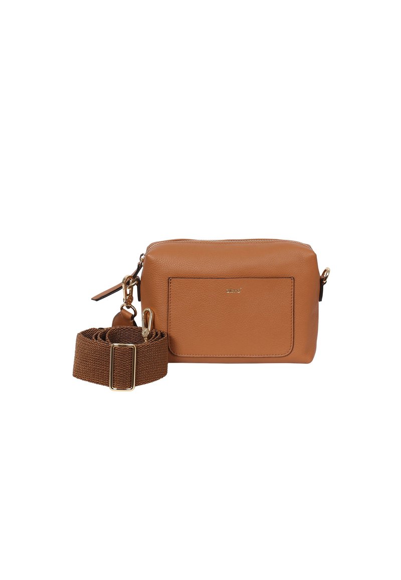 Braune Leder-Crossbody-Tasche mit strukturiertem Finish, ausgestattet mit einer Fronttasche und einem abnehmbaren Stoffgurt mit einer goldfarbenen Schnalle.