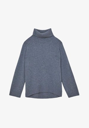 Grå turtleneck sweater lavet af strikket stof, med ribbede manchetter og kant, afslappet pasform og sideskader for nem bevægelse.